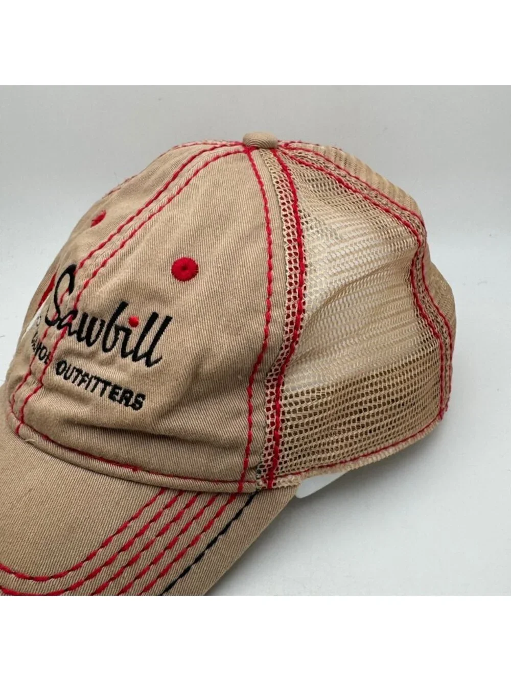 Sawbill Canoe Outfitters Distressed Trucker Hat Baseball Cap Tan Red One Size